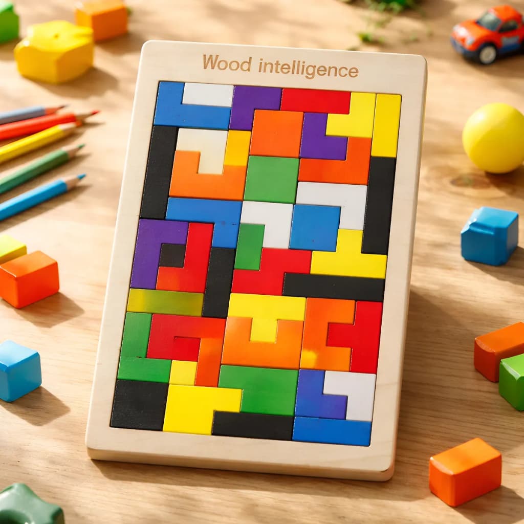 Quebra‑Cabeça 3D Madeira Arco‑Íris Tetris Tangram Montessori Brinquedo Educativo Presente Dia das Crianças para Crianças