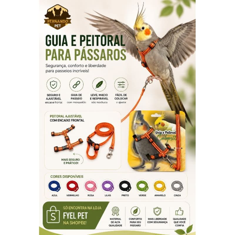 Peitoral para Calopsita | Coleira Para Calopsita | Peitoral para Pássaro com Guia