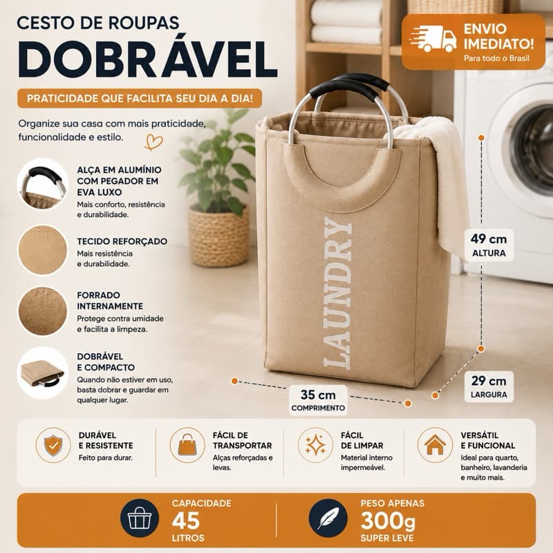 Cesto de Roupas Suja Dobrável 49x 35cm x 29cm Organizador Lavanderia c/ Alça Multiuso Banheiro Casa