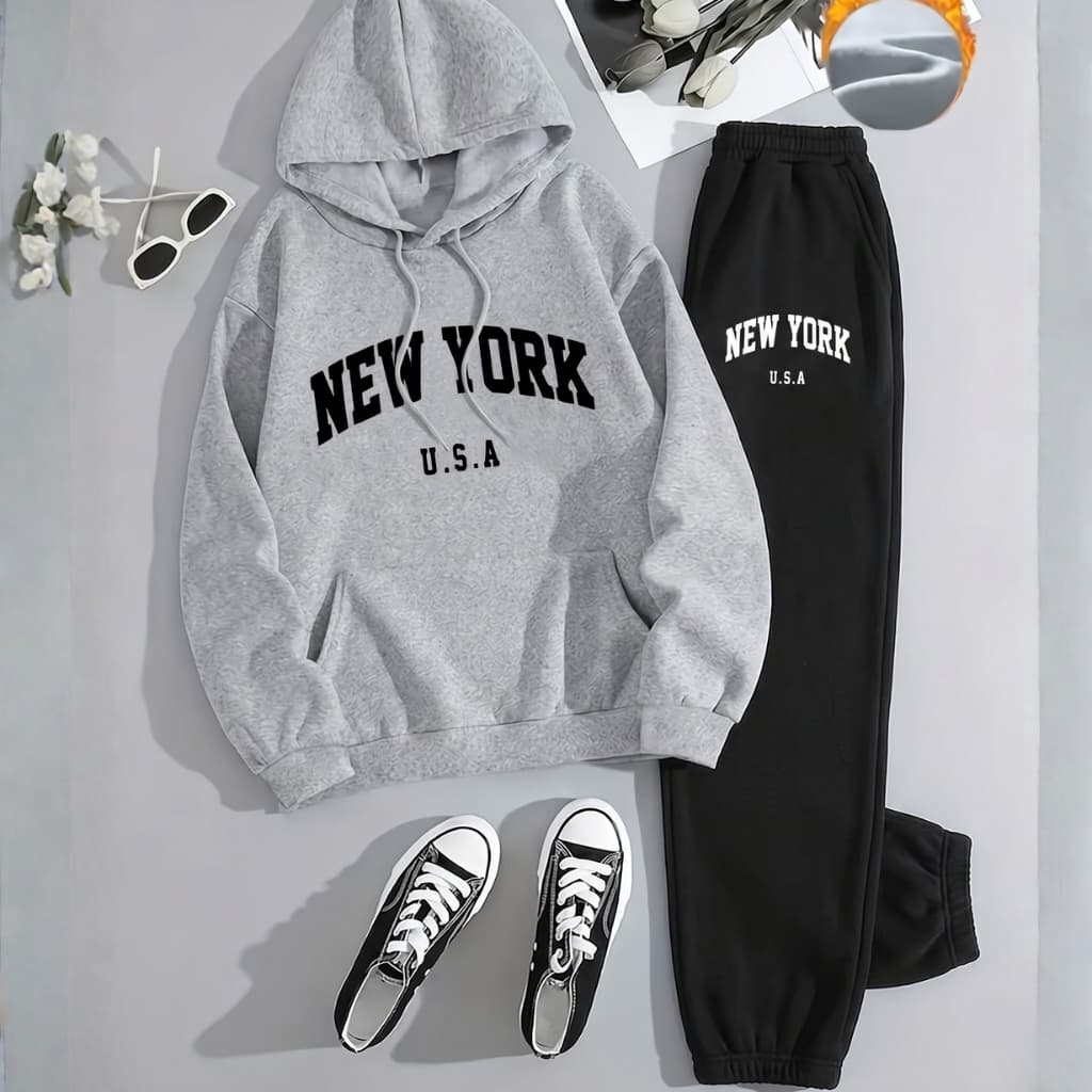 Conjunto Moletom Feminino Masculino Unissex New York USA Moletom de Capuz e Bolso + Calça de Moletom