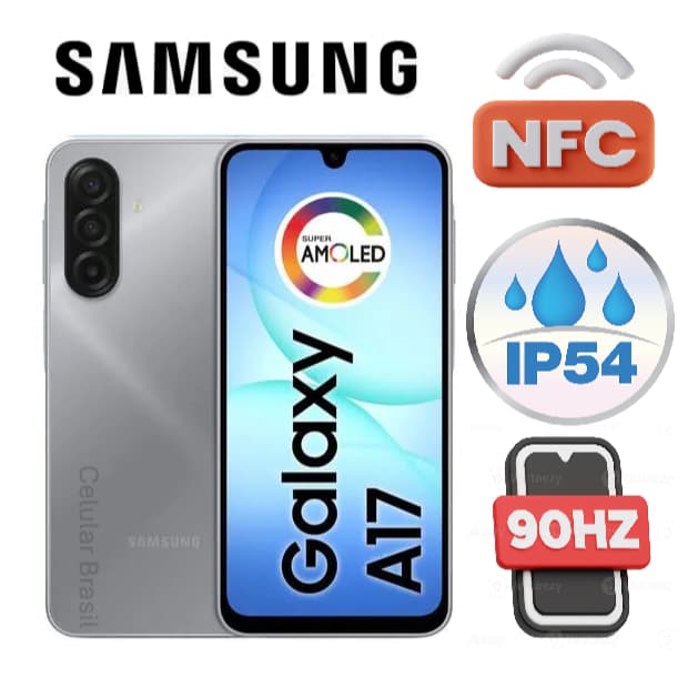 Celular Samsung A17 128Gb 4Gb Ram NFC IA 4G Tela Super Amoled 90Hz IP54 Câmera Tripla 50MP Cinza