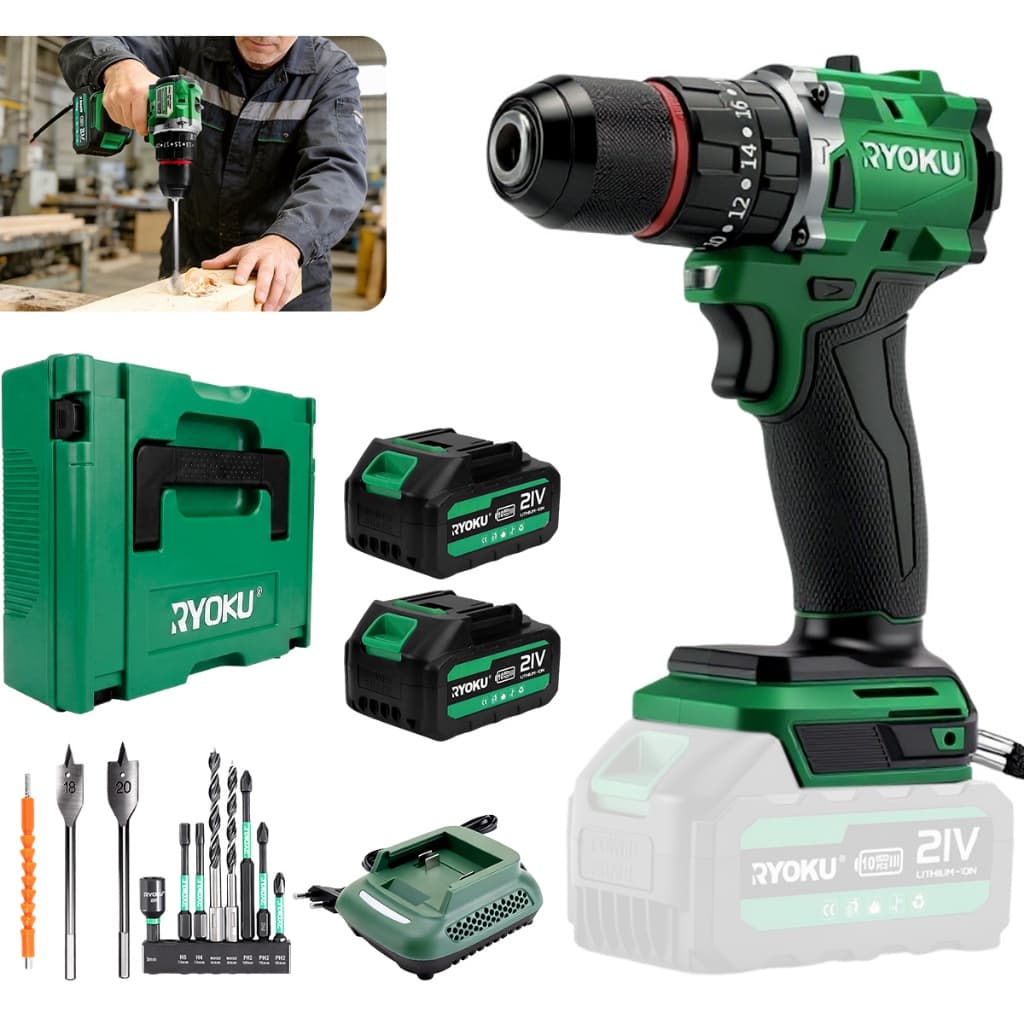Parafusadeira Furadeira Brushless Impacto 13mm 2 Baterias Ryoku Maleta