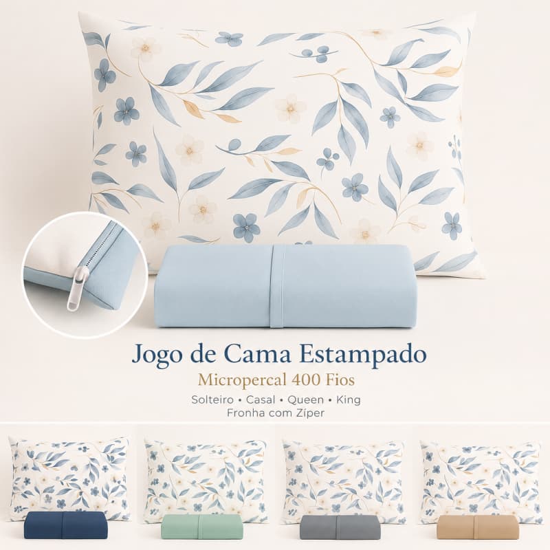 Jogo de Cama Solteiro Casal Queen King Coleção Estampados Micropercal 400 Fios Fronha Em Zíper