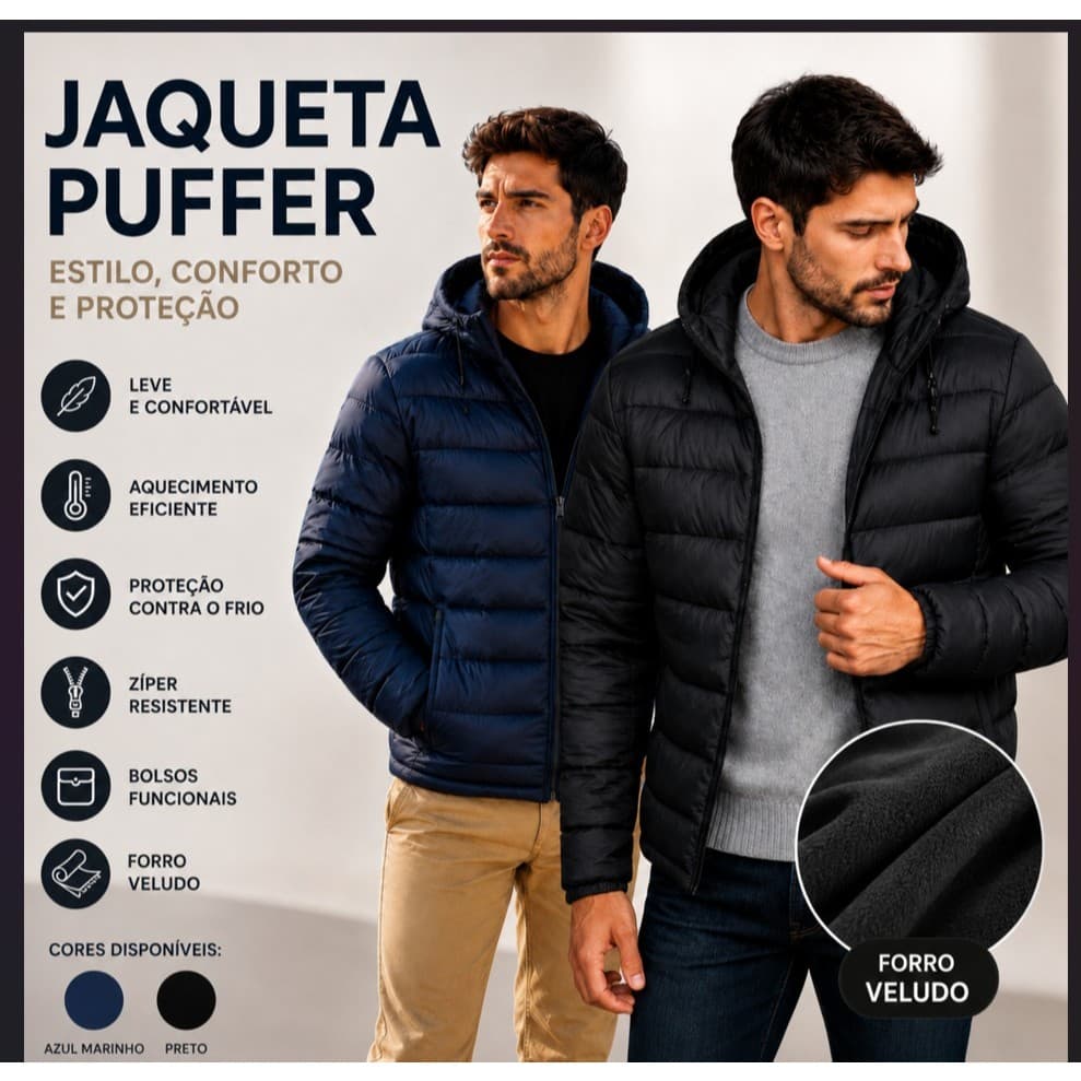 Jaqueta Puffer Masculina Forrado Quente Inverno AVELUDADA Neve Bobojaco Capuz Impermeável