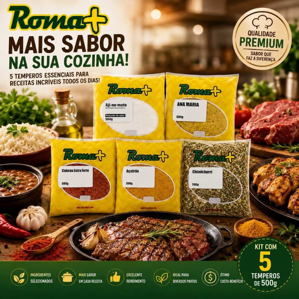 Temperos e Condimentos Kit com 5 Roma+ 500g Cada Total 2,5kg