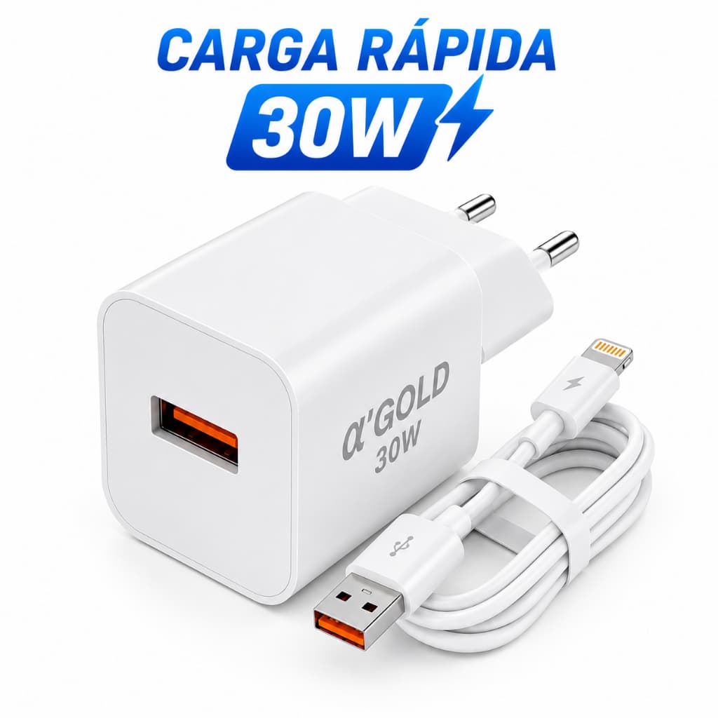 Carregador iPhone 30W Turbo USB + Cabo Lightning Reforçado | Carga Rápida XR 11 12 13 14 Pro Max