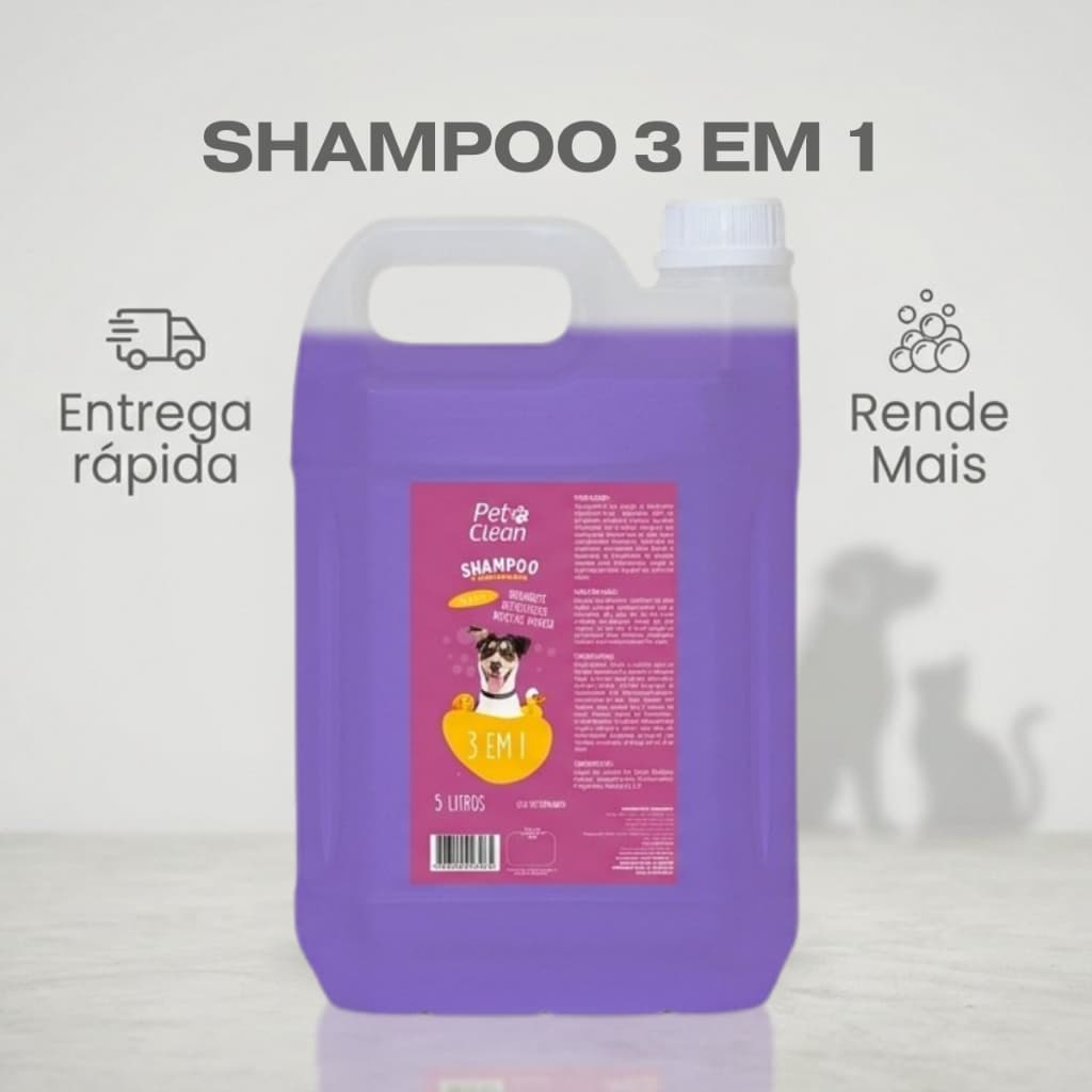 Shampoo 3 em 1 Para Cães Gatos Banho Pet Clean 5 Litros, Econômico, Limpa, Restaura