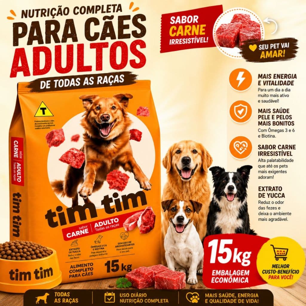 Ração Para Cachorro Adulto Tim Tim Premium 15kg Sabor Carne Energia Saúde Pelagem Bonita Todas Raças