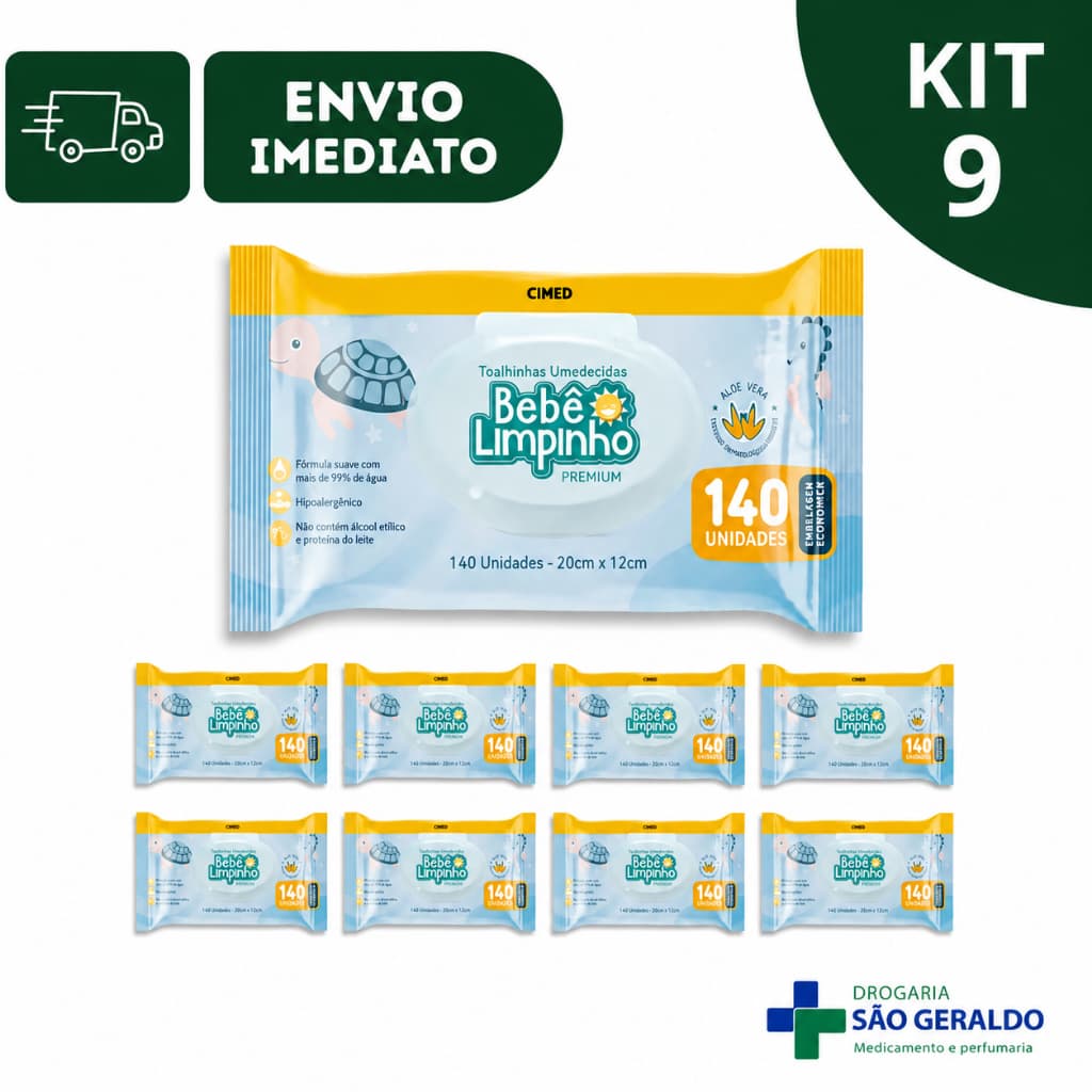 Kit 5 e 9 Pacotes Toalha Umedecida Bebê Limpinho Cimed 140 Unidades – Lenço Umedecido Infantil Suave Hipoaler