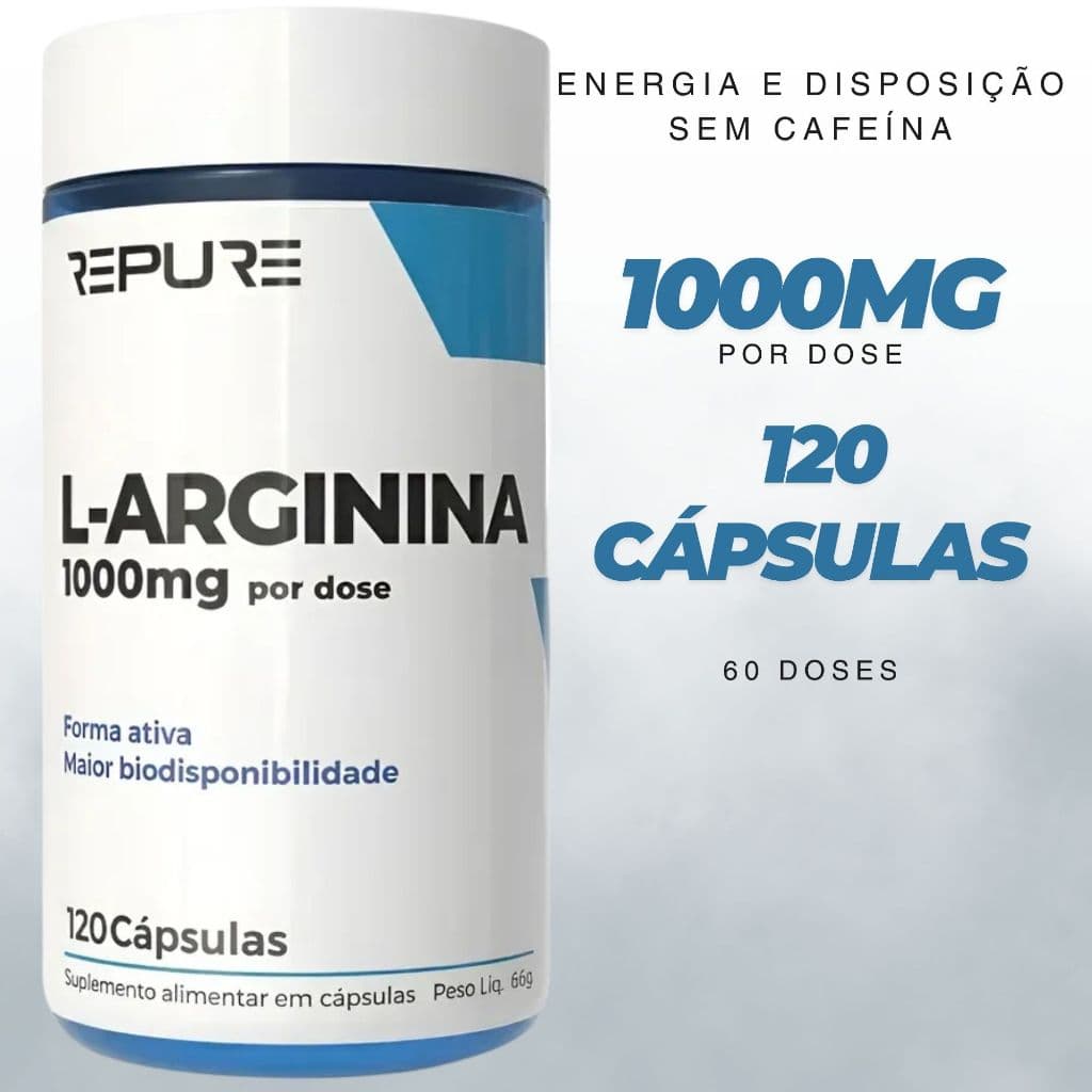 Suplemento Alimentar REPURE Arginina 100% Pura  Energia e Disposição  Pré Treino Sem Cafeína 120Caps