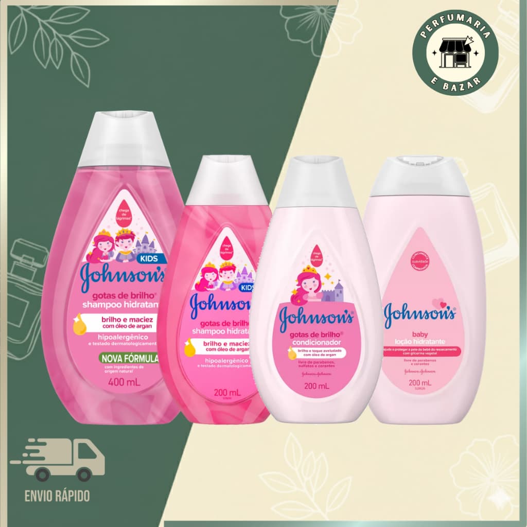 KIT JOHNSON'S BABY Gotas de Brilho - Shampoo + Condicionador + Loçao Hidratante