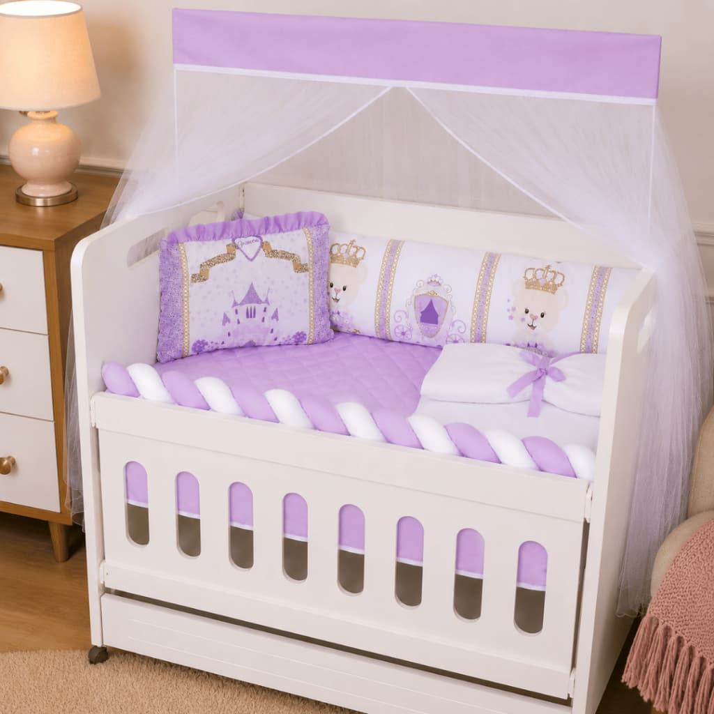 Kit Mini Berço Castelinho Lilás 10 Peças Bebê Menina Trança Protetora Mosquiteiro Enxoval Completo