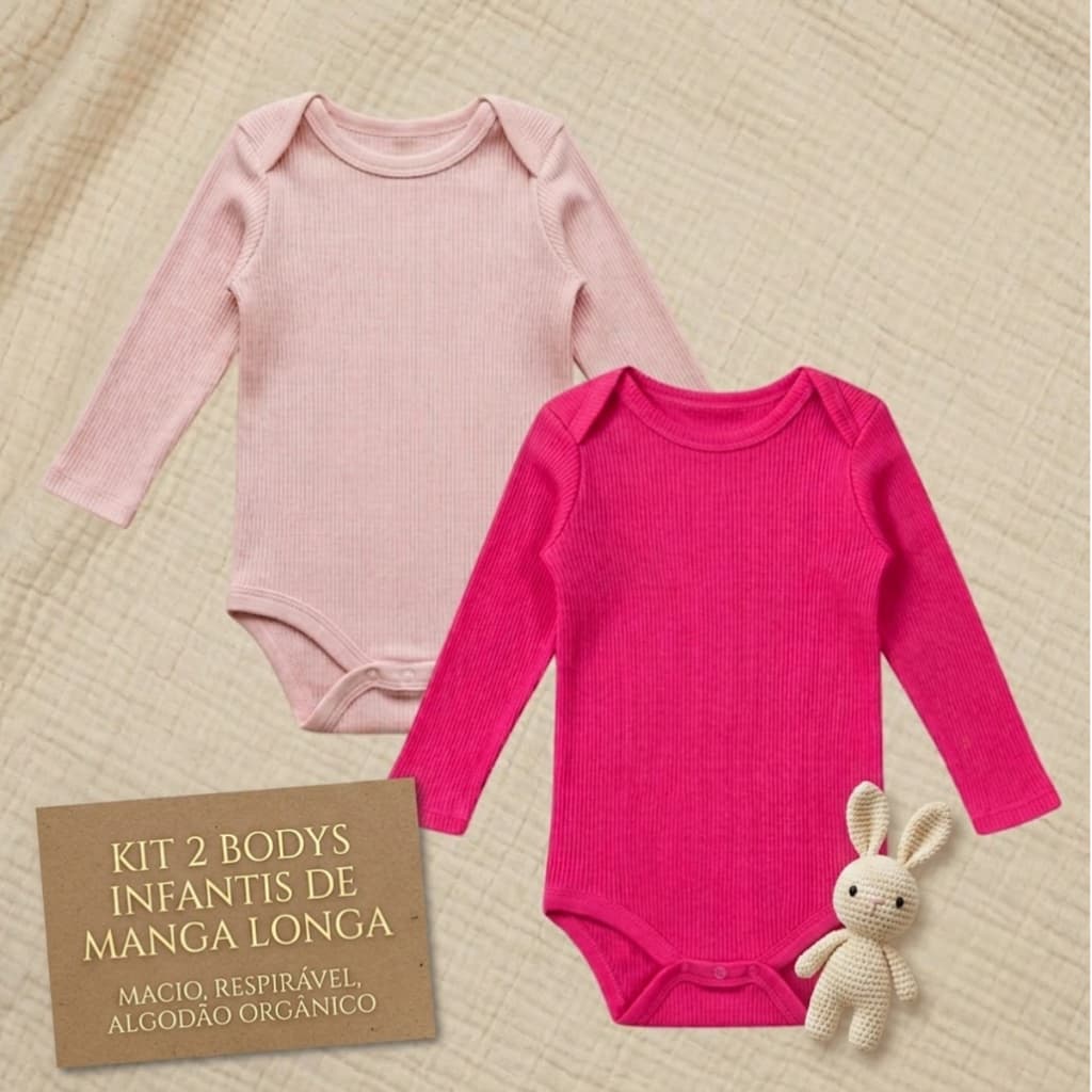 Kit 2 Body Bebê Manga Longa Canelado Algodão Macio Enxoval Recém Nascido Costura Reforçada