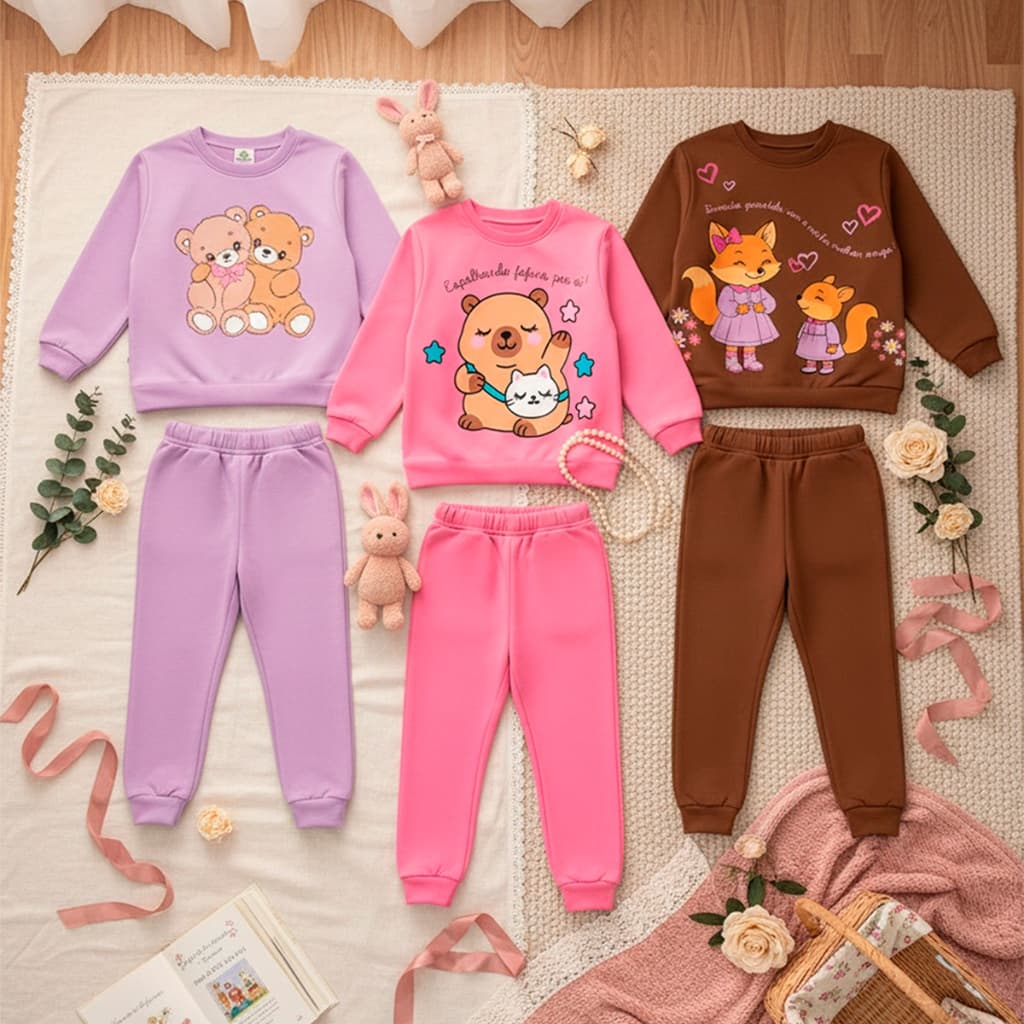 Conjunto Moletom Infantil Bebê Menina Inverno Blusa e Calça Manga Longa Roupa de Frio Agasalho Feminino Estampadas L04