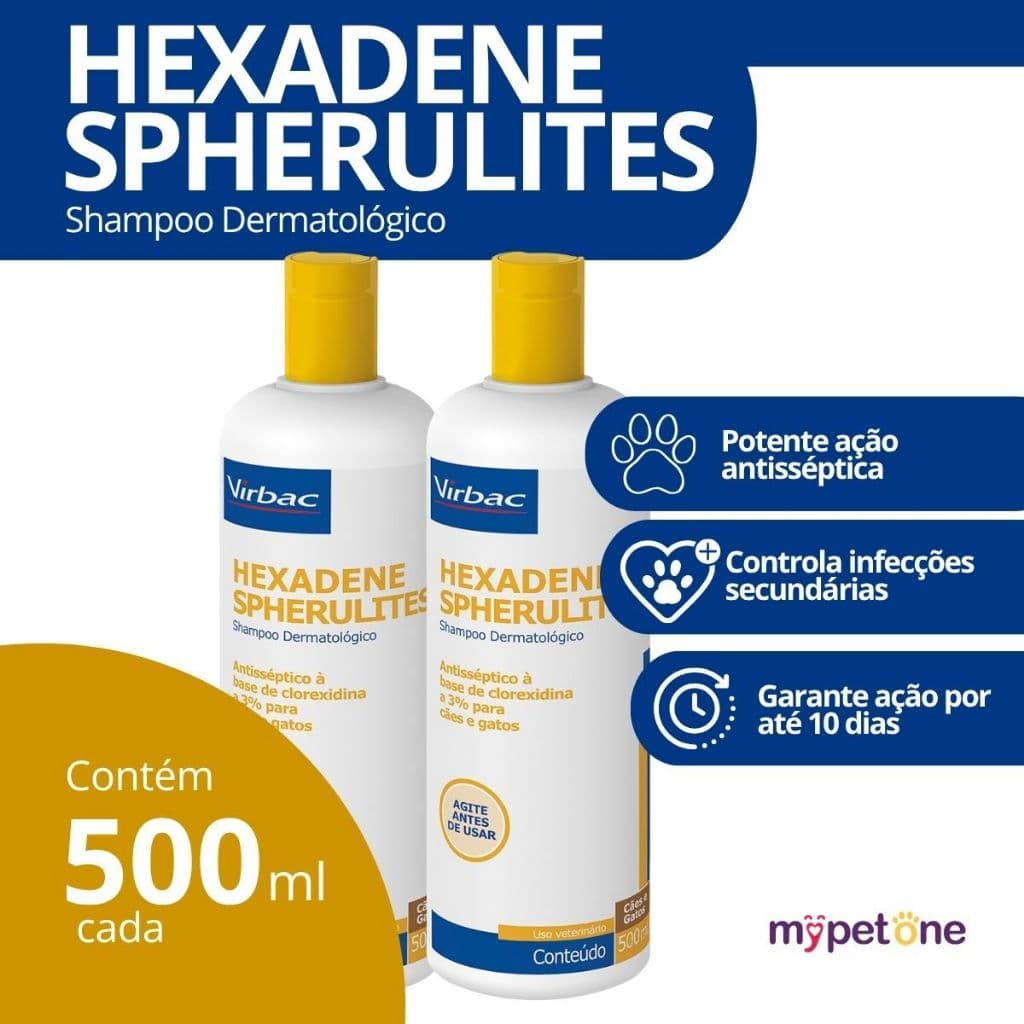 Kit 2 Shampoo Hexadene 500 ml Dermatológico Spherulites para Cães e Gatos - Virbac