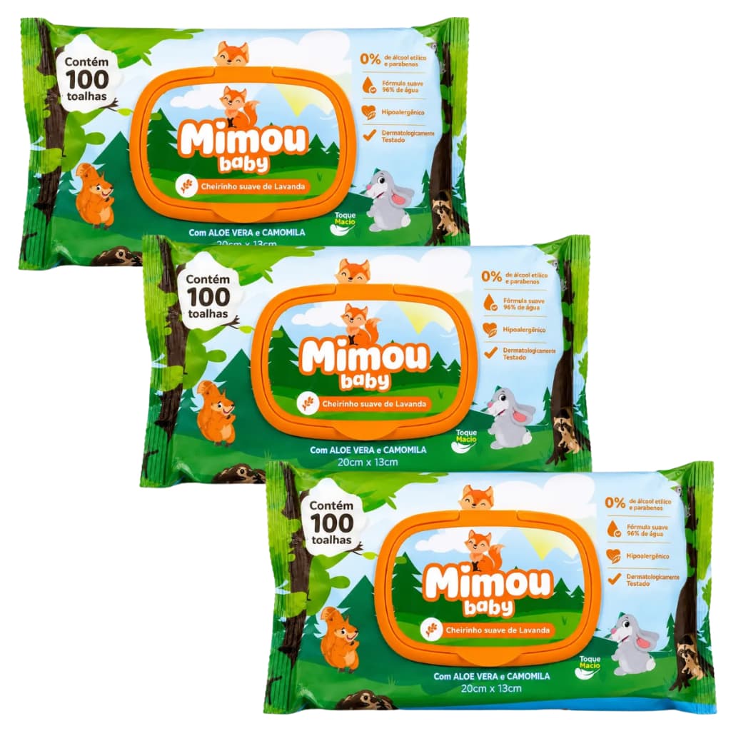 3 Pacotes Lenços Umedecidos Cheirinho de Lavanda Sem Álcool 300 Un Mimou Baby