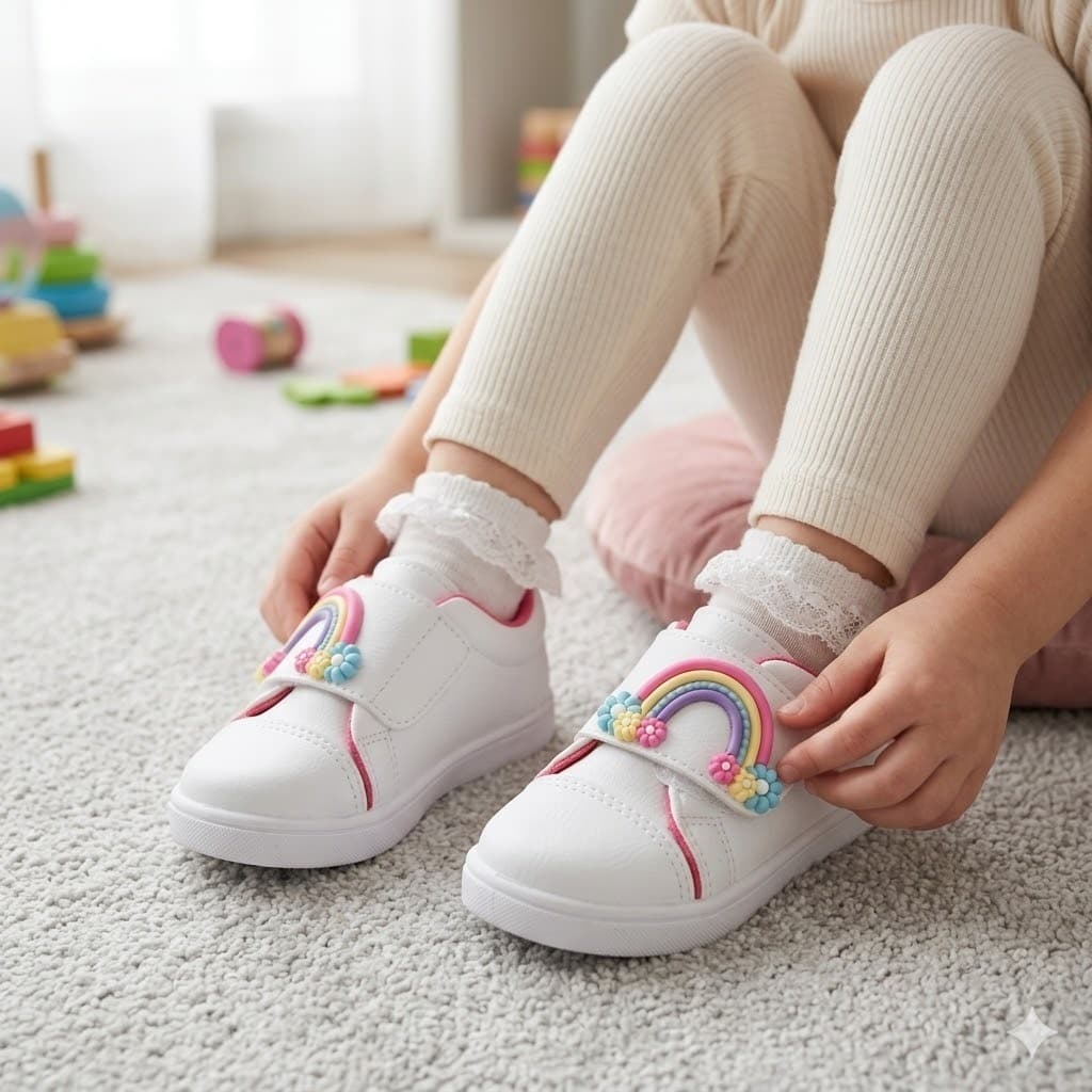 Tênis Infantil Menina Arco Íris Flores Branco Calçado Bebê Feminino Casual Escolar Confortável Velcro