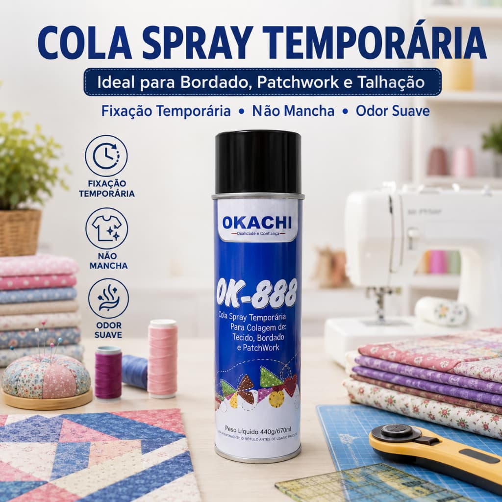 Cola Spray Temporária Para Tecido Patchwork Bordado Talhação Premier ou Okachi 500ml
