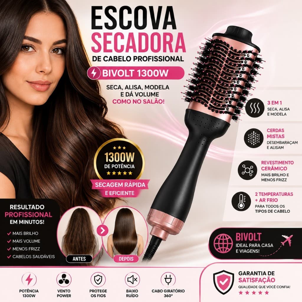 Escova Secadora de Cabelo Profissional Bivolt 1300W Alisadora Modeladora Volumizadora Antifrizz