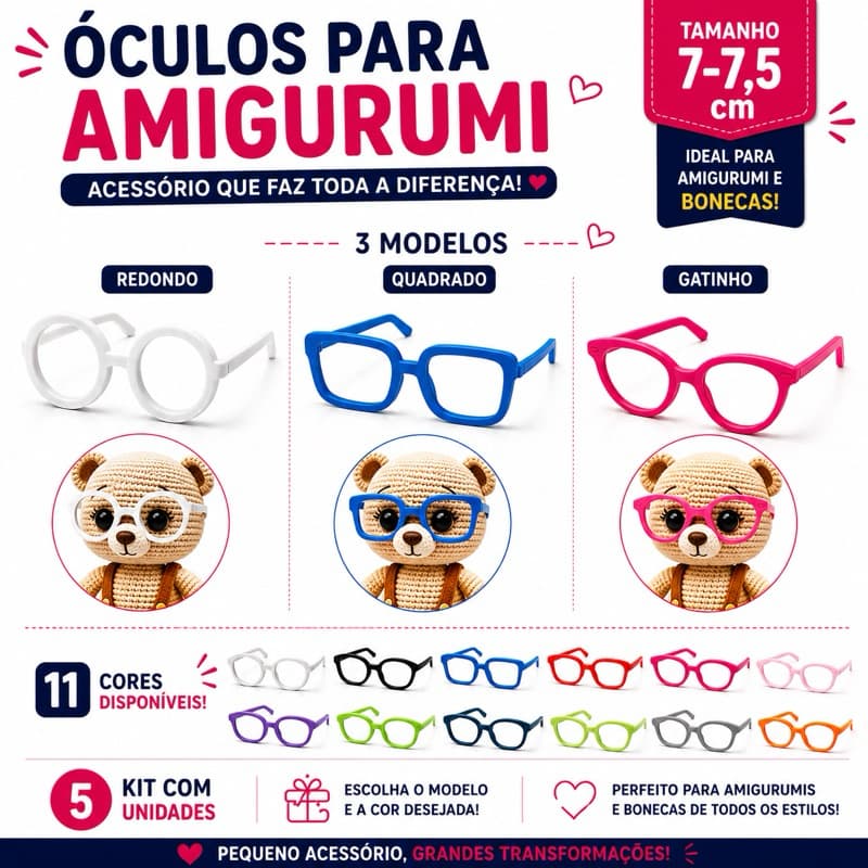 Óculos Para Amigurumi e Boneca Crochê 7-7,5cm Kit 10 - 15 Unidades 3 Modelos 11 Cores