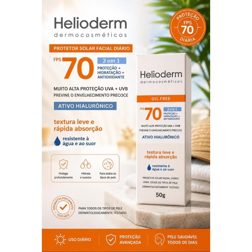 Protetor Solar Helioderm Oil Free FPS 70 com Ácido Hialurônico 50g