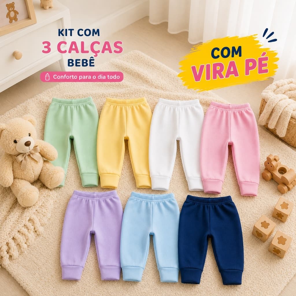 Kit 3 Calças Bebê Mijão Culote Vira Pé Suedine 100% Algodão Macio Confortável Menino Menina Enxoval