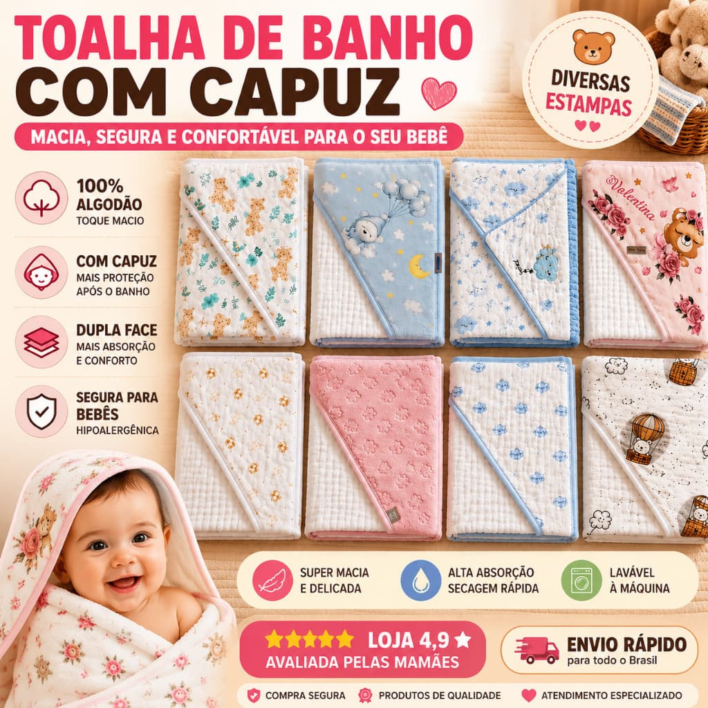 Toalha de Banho Fralda Soft com Capuz 100% Algodão Absorvente Criança Bebê Recém Nascido