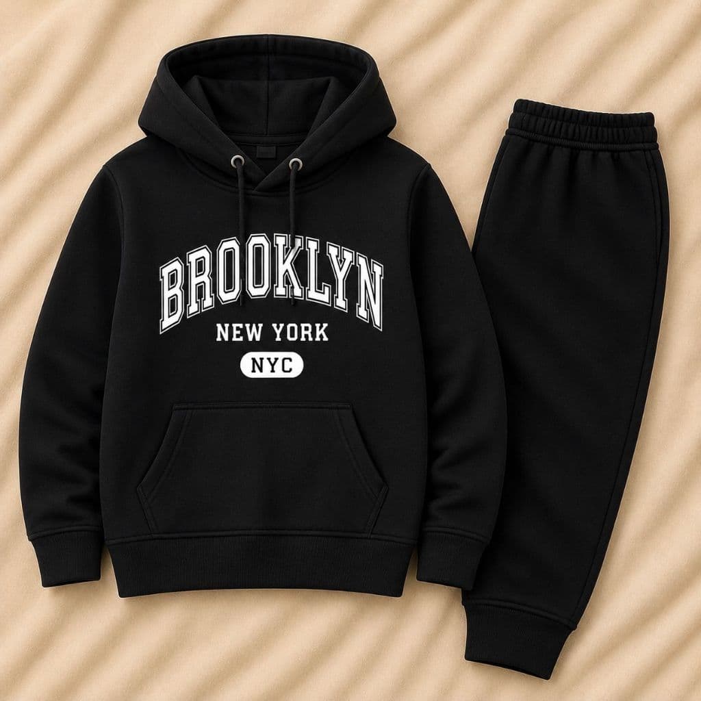 Conjunto Moletom blusa e calça Infantil Flanelado Estampado Brooklyn Menino Menina Com Capuz e Bolso 2 ao 14