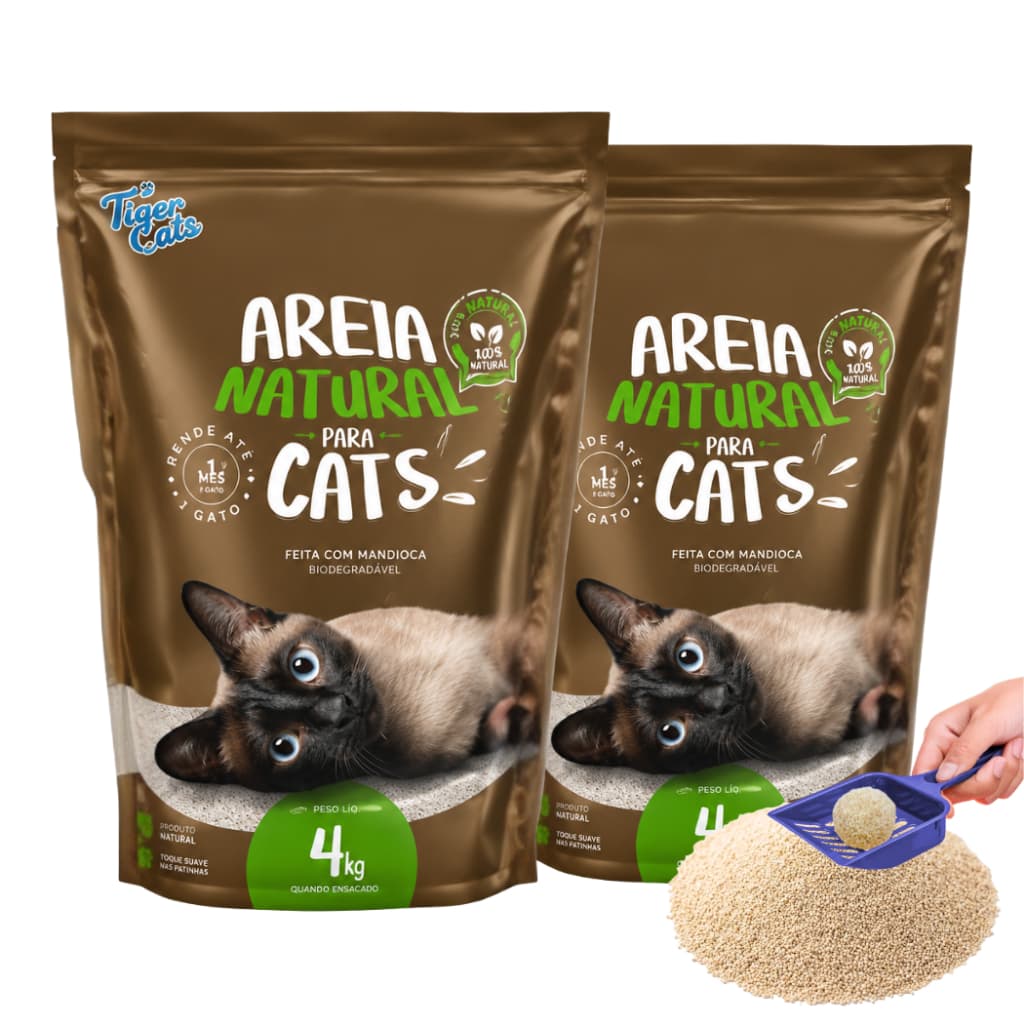 Kit 2 Areia Sanitária Higiênica pra Gatos Natural 100% Mandioca Biodegradável Tiger Cats 4kg Natural