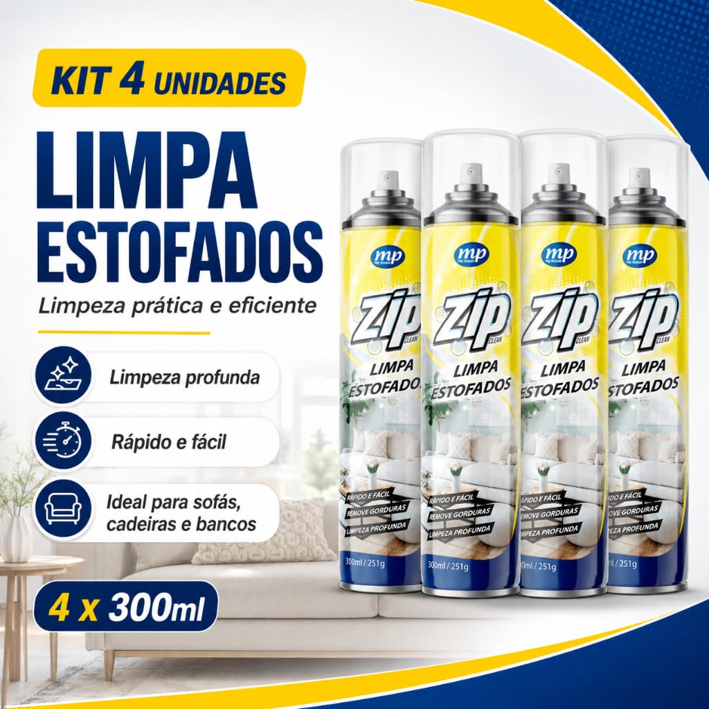 Kit 4 Zip Spray Limpa Estofados 300ml Sofá Carro Tira Manchas Limpeza Pesada