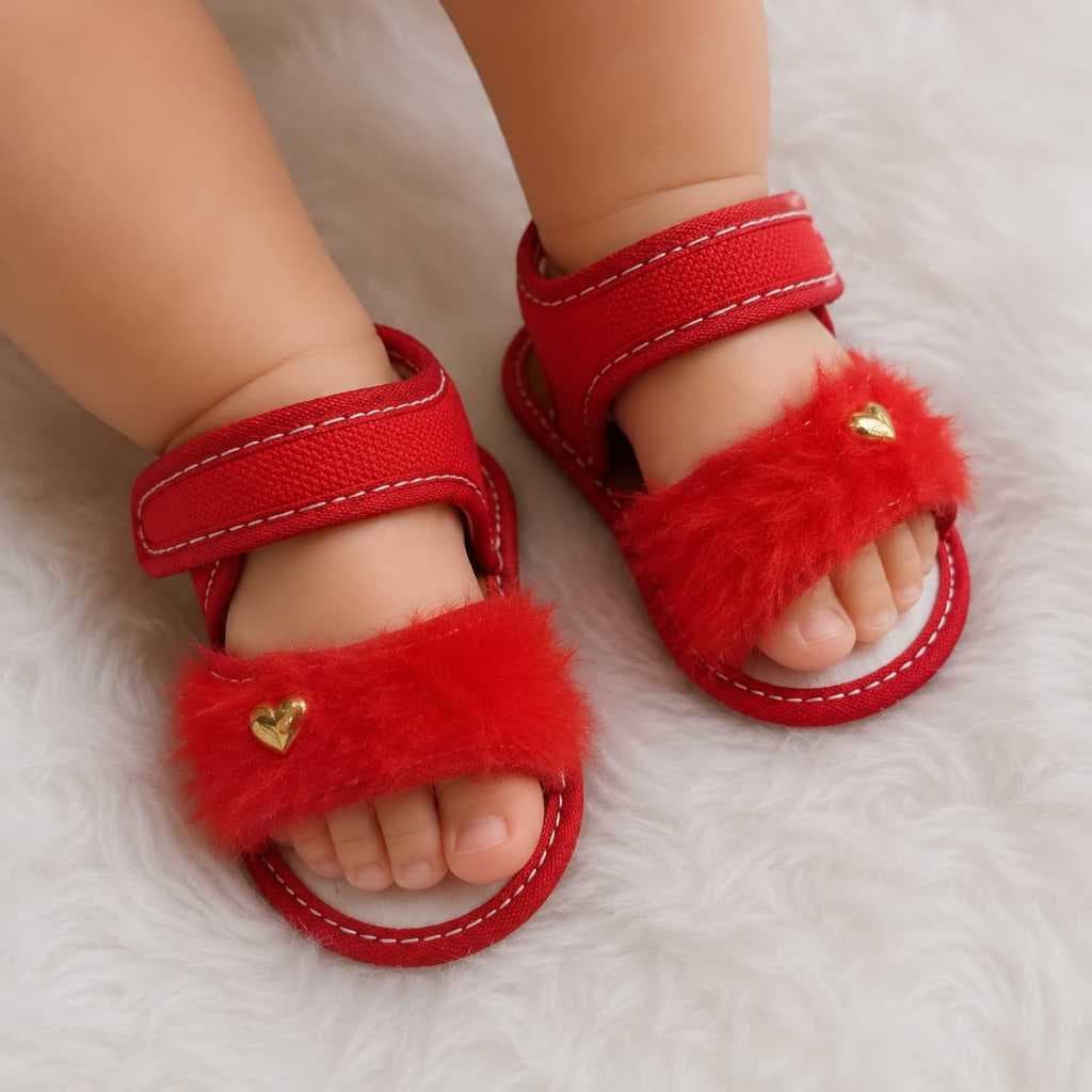 Sandália Infantil Para Menina PELÚCIA Para Bebes Menina Coração Pelinho Macio Inverso Verão