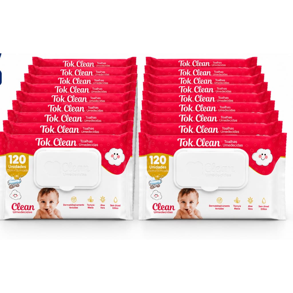 Kit Toalha Umedecida Tok Clean 120 Unidades Aloe Vera Sem Álcool Tampa Flip Top Bebê Infantil