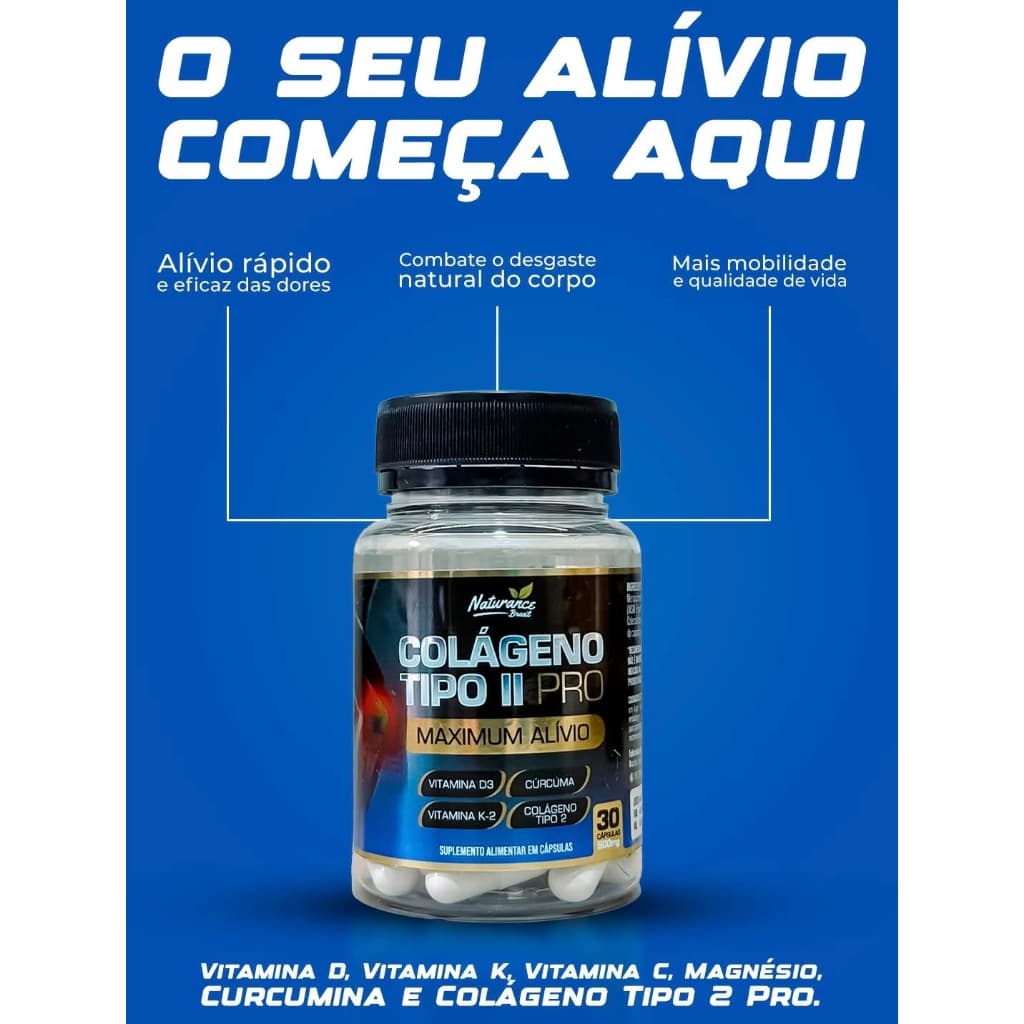 Colágeno Tipo2 Pro Maximum Alívio Cúrcuma + MAGNÉSIO + Vitamina D3+ Vitamina K2 - 30 cps Auto desempenho