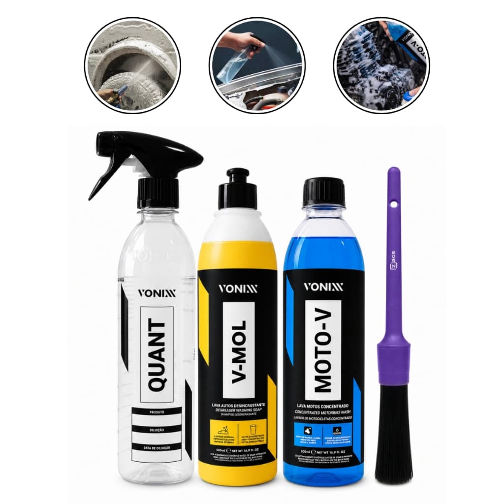 Kit Limpeza Pesada Automotiva Carro Moto V-Mol Moto-V Pulverizador Diluidor Quant Pincel Vonixx