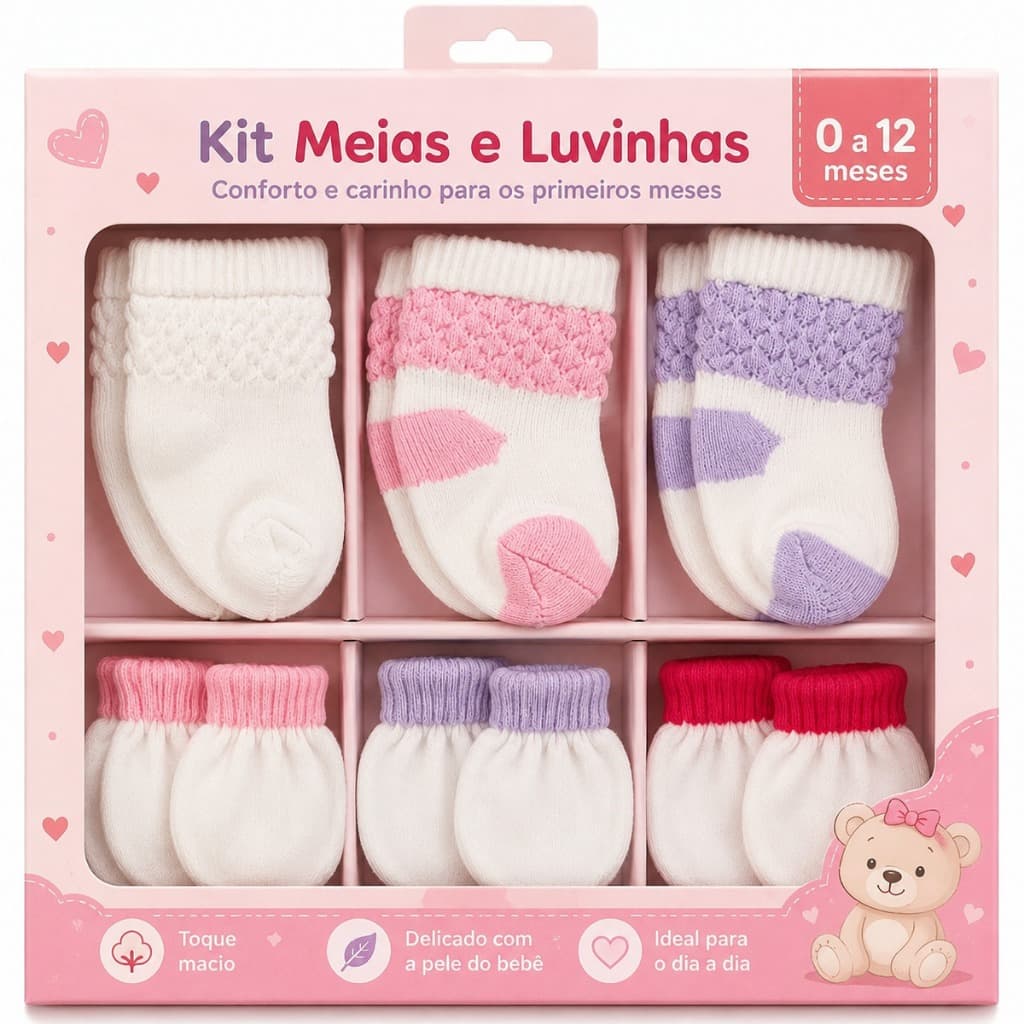 Kit 3 Pares Meias + 3 Pares Luvas Enxoval (0 a 12 Meses) Menino Menina RN Bebê Recém-Nascido Infantil
