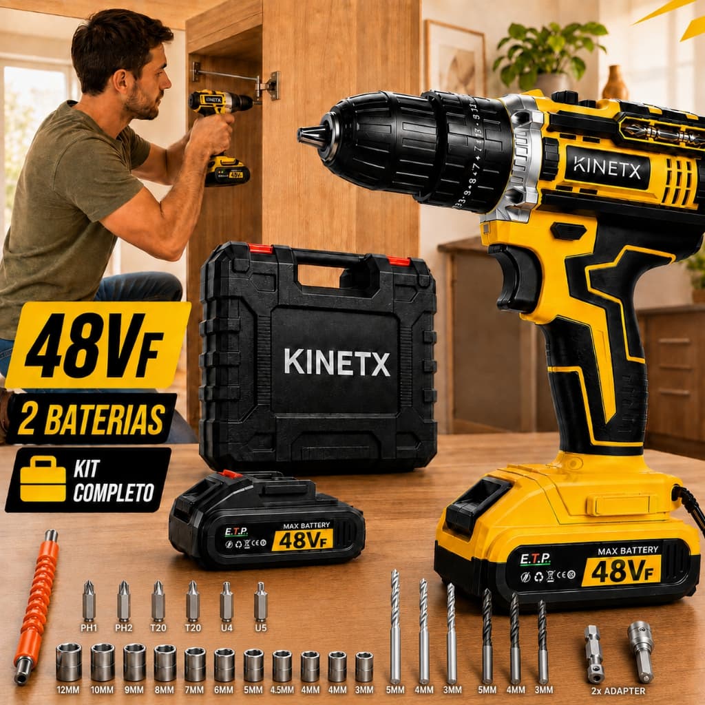 Kit Furadeira/Parafusadeira Sem Fio 48V com 2 Baterias, Maleta Organizadora e Acessórios Completos