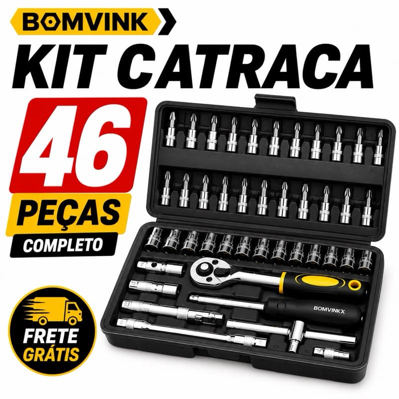 Kit Jogo de Chaves Catraca 46 Peças Completo com Soquetes e Extensões – Profissional para Oficina e Casa