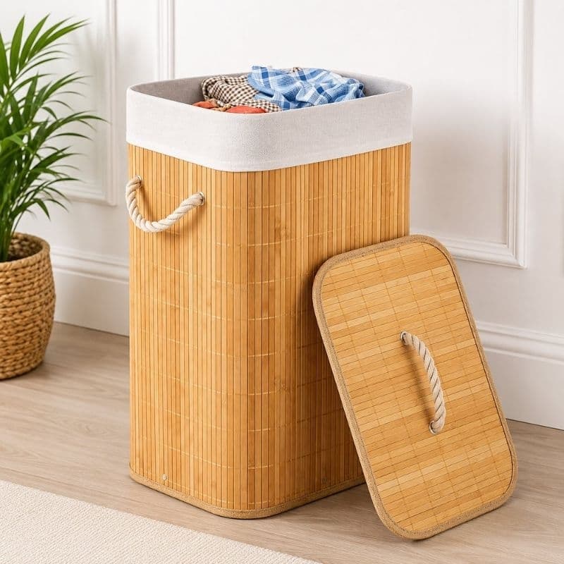 Cesto Organizador de Bambu com Tampa 50L - Cesto Roupa Suja Banheiro Lavanderia