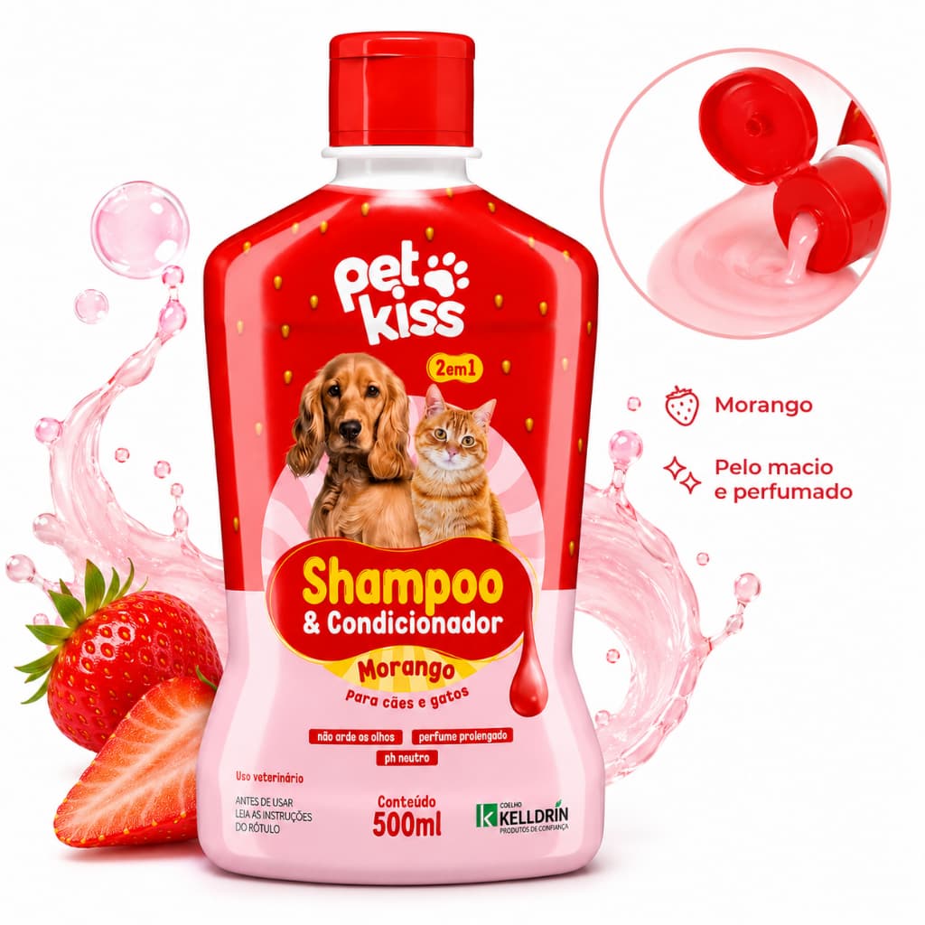 Shampoo Condicionador 2 em 1 Kelldrin 500ml Cães Gatos Morango Pelos Macios Banho Pet Perfumado