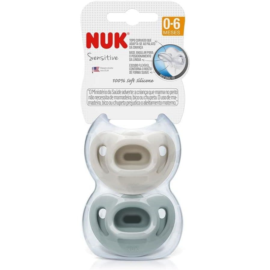 Chupeta Infantil Bebê Nuk Sensitive Soft Silicone Macio Tamanho 1 de 0 A 6 Meses Com 2 unidades Rosa/Roxo e Cinza/Off