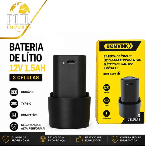 Bateria 12V 1.3Ah Universal Para Parafusadeira E Furadeira Li-ion 3 Celulas Type-C