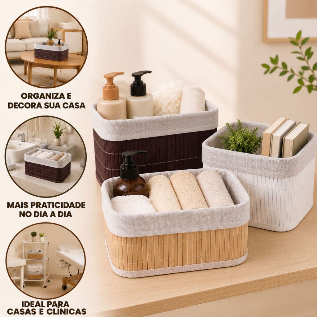 Kit 3 Cestos Organizadores Bambu Luxo Ecologico Multiuso Armario Banheiro Quarto Escritório Clinicas