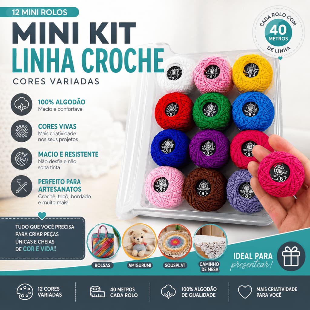 Kit Linha Para Crochê Barbante Colorido 12 Cores 100% Algodão Artesanato Tricô Bordado Costura - CH