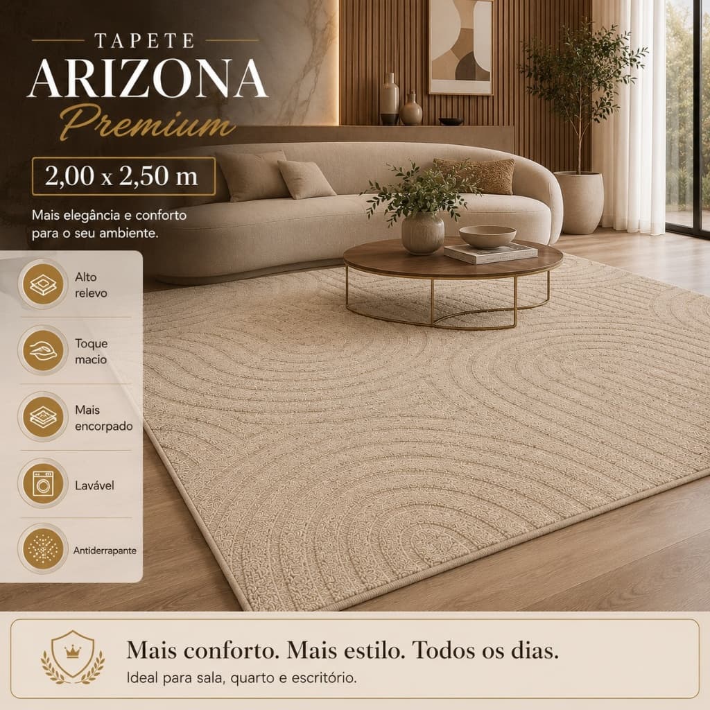 Tapete Sala 2,50x2,00 Geométrico Alto Relevo Premium Macio Antiderrapante Quarto Escritório Bege