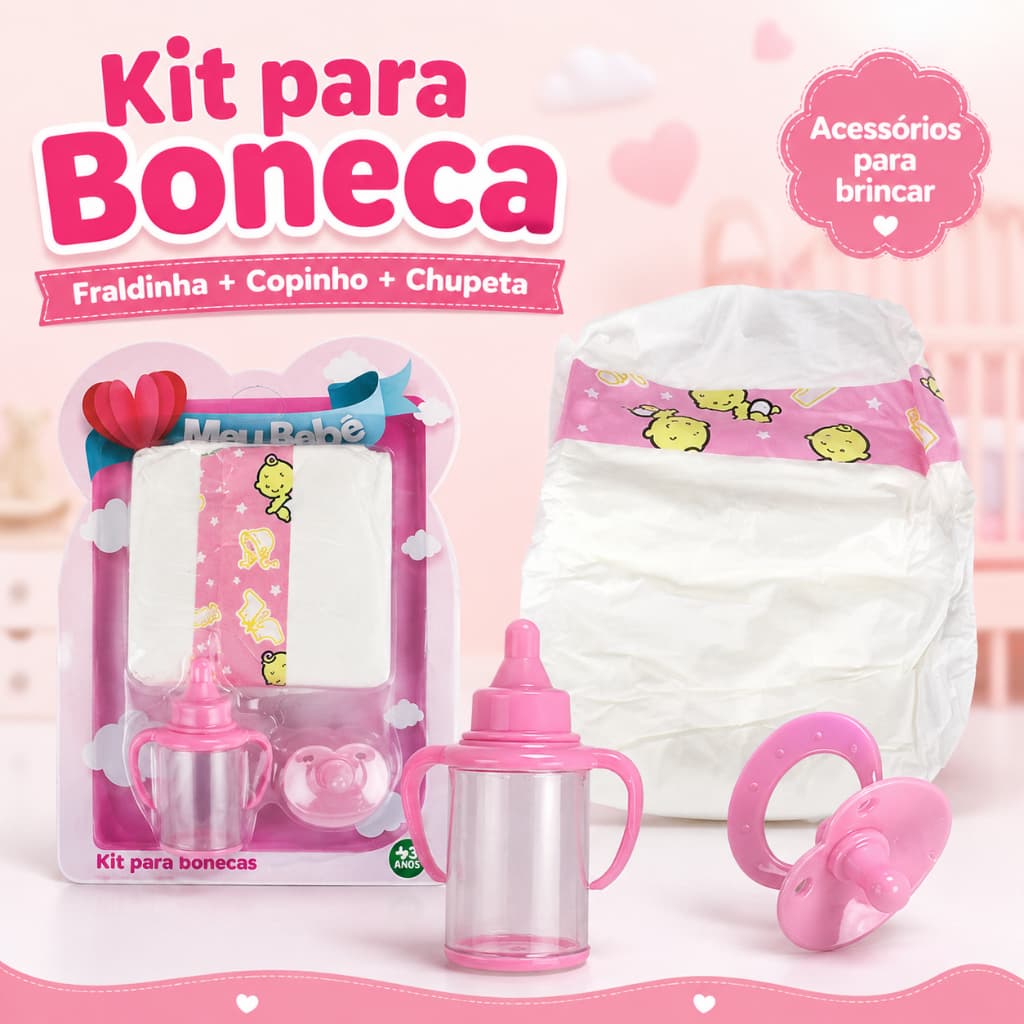 Kit Mamadeira para Boneca 3 Peças Fralda Chupeta Brinquedo Infantil Bebê Faz de Conta