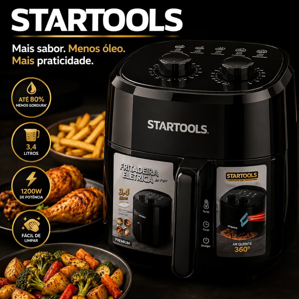 Air Fryer Startools 3,4 Litros 1200W Fritadeira Elétrica Sem Óleo 220V Cesto Removível Preta