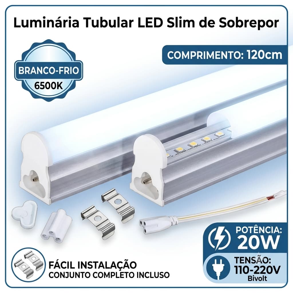 Lâmpada Tubular Led T8 Calha Prata 20w 120cm Sobrepor Luz Branco-frio 110v 220v Luminária de Teto