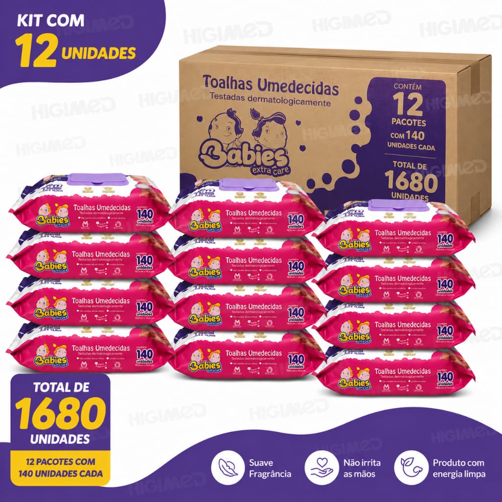 Kit com 12un Toalhas Umed Babies Extra Care com tampa com 140un
