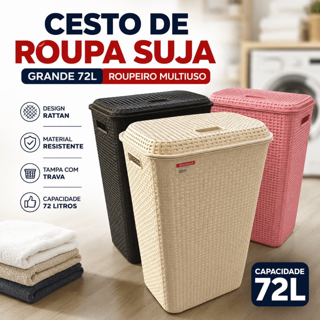 Cesto de Roupa Suja Grande 72L Rattan Roupeiro Organizador para Lavanderia Banheiro Família Casa Premium