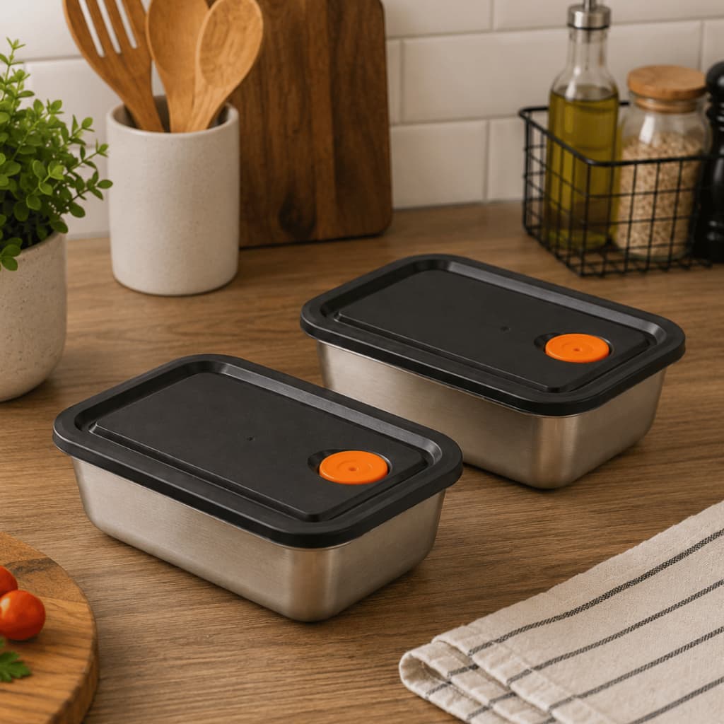 Kit 2 Potes Herméticos Aço Inox Retangular com Tampa - Organizador Cozinha Geladeira Multiuso